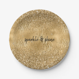 Gold Glam Glitz Zebra Print Faux Glitter Paper Plate