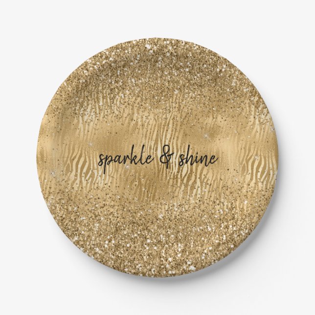 Gold Glam Glitz Zebra Print Faux Glitter Paper Plate (Front)
