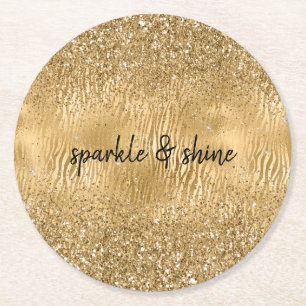 Gold Glam Glitz Zebra Print Faux Glitter Round Paper Coaster
