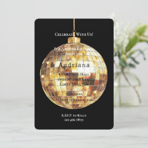 Gold Glam Glitzy Disco Ball Birthday Invitation