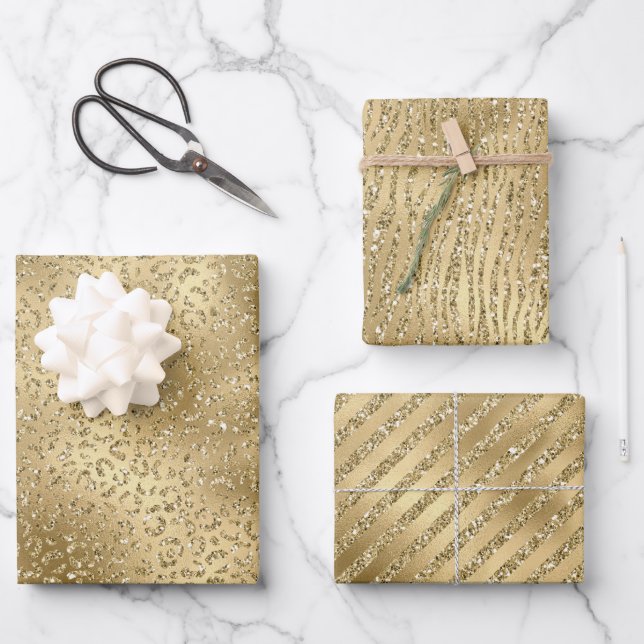 Gold Glam Glitzy Glitter Leopard Print     Wrapping Paper Sheet (Front)