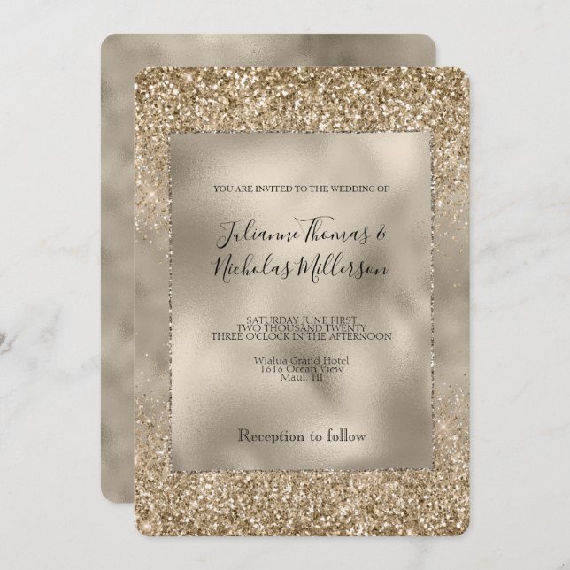 Gold Glam Glitzy Glitter Wedding Invitation (Front/Back)