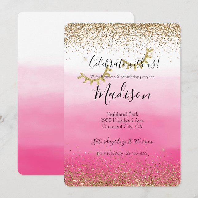 Gold Glam Glitzy Sparkle Glitter Eyelashes Invitation (Front/Back)