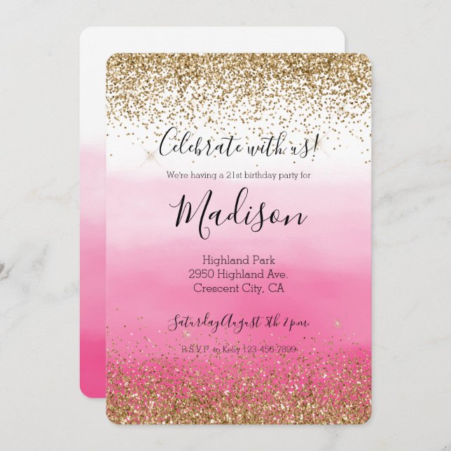 Gold Glam Glitzy Sparkle Glitter Pink Ombre Invitation (Front/Back)