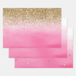 Gold Glam Glitzy Sparkle Glitter Pink Ombre Wrapping Paper Sheet