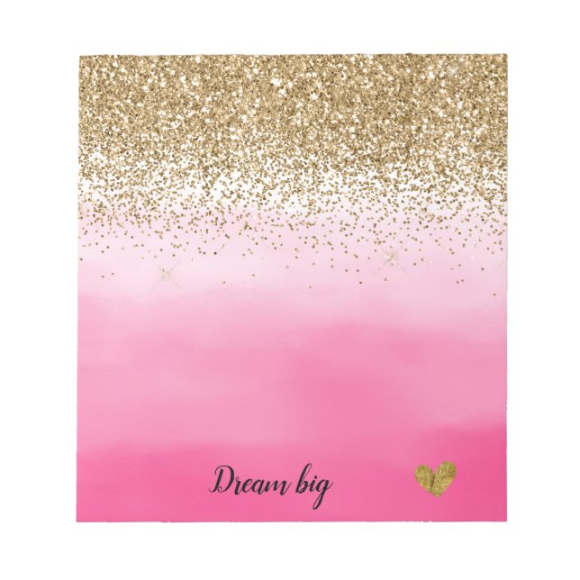 Gold Glam Glitzy Sparkle Glitter Pink Watercolor Notepad (Front)