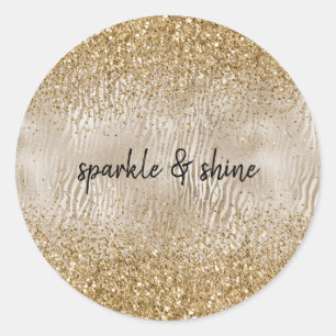 Gold Glam Glitzy Zebra Print Faux Glitter Classic Round Sticker