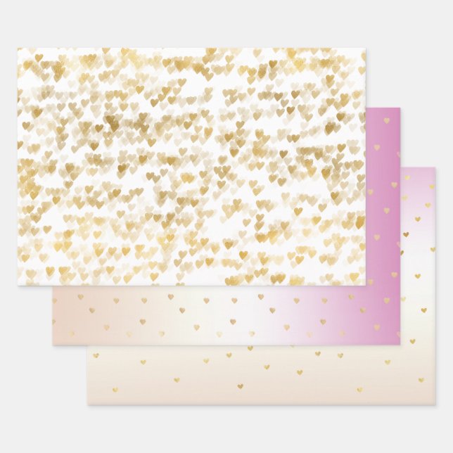 Gold Glam Hearts Confetti Ombre Wrapping Paper Sheet (Set)