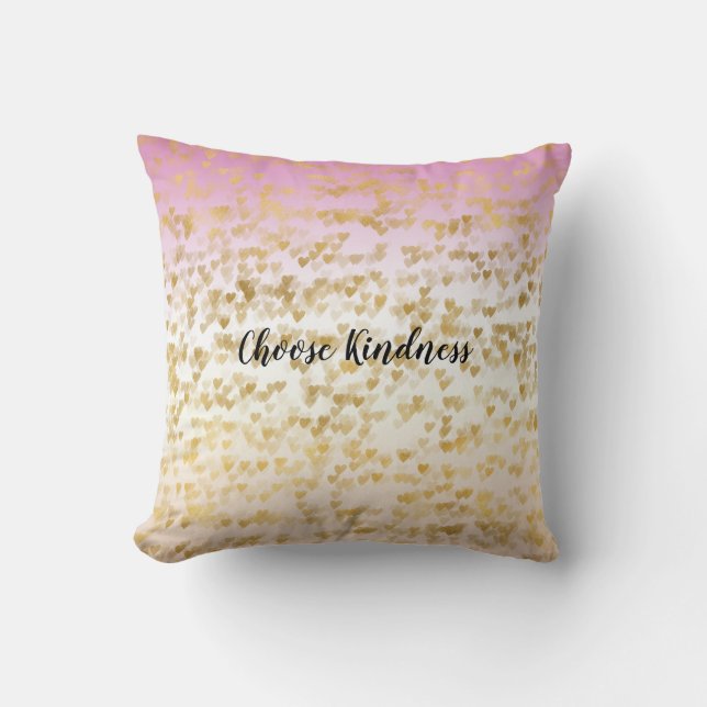 Gold Glam Hearts Confetti Pink Peach Ombre Cushion (Front)