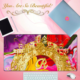 Gold Glam Initial R Monogram Motivation Abstract Desk Mat