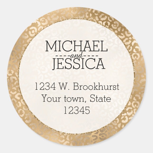 Gold Glam Leopard Print Personalised Address Classic Round Sticker (Front)
