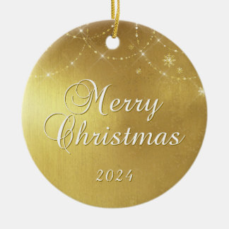 Gold Glam Merry Christmas Couple Photo Ceramic Tree Decoration