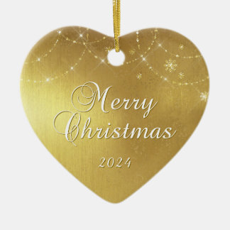 Gold Glam Merry Christmas Couple Photo Ceramic Tree Decoration