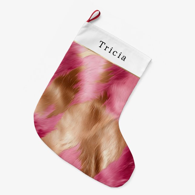 Gold Glam Pink Southwest Cowhide Christmas Large Christmas Stocking (Front (Hanging))