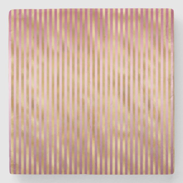 Gold Glam Pink Stripes Stone Coaster (Front)