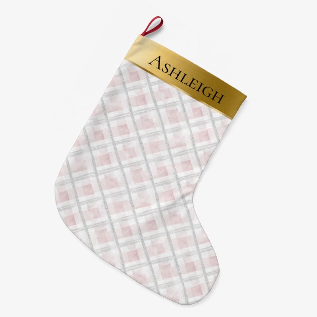 Gold Glam Pink White Heart Stripes Christmas  Large Christmas Stocking (Front (Hanging))