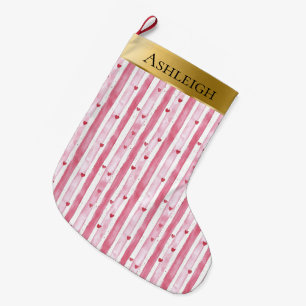 Gold Glam Pink White Heart Stripes Christmas  Large Christmas Stocking