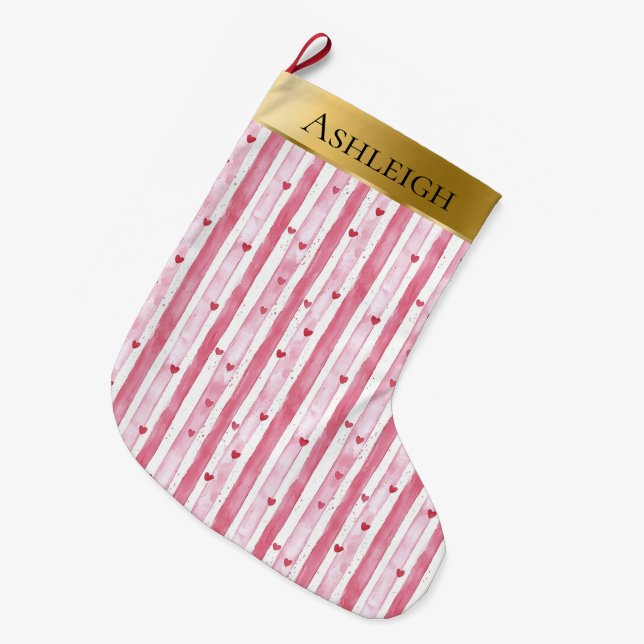 Gold Glam Pink White Heart Stripes Christmas  Large Christmas Stocking (Front (Hanging))