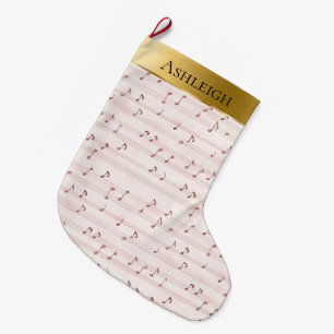 Gold Glam Pretty Chic Pink Music Notes Christmas  Large Christmas Stocking