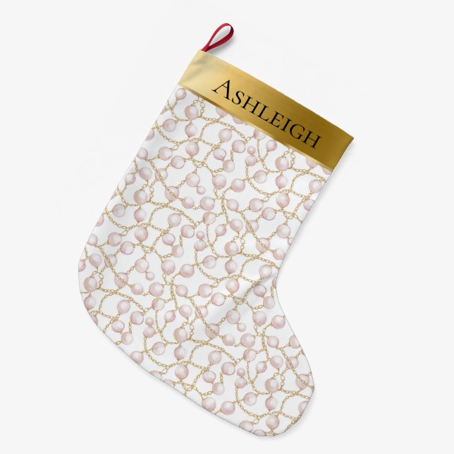 Gold Glam Pretty Chic Pink Pearls Christmas  Large Christmas Stocking (Front (Hanging))