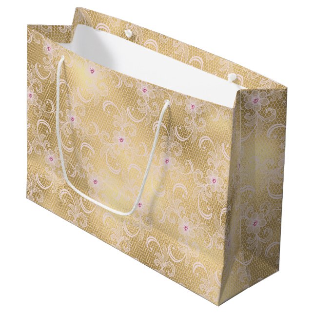 Gold Glam Pretty Pink Lace Floral Bridal Shower Large Gift Bag (Front Angled)