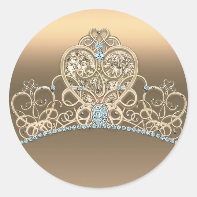 Gold Glam Princess Heart Tiara Birthday Party Classic Round Sticker (Front)