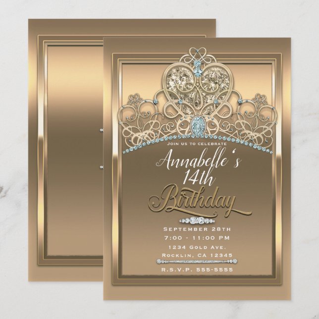 Gold Glam Princess Heart Tiara Birthday Party Invitation (Front/Back)