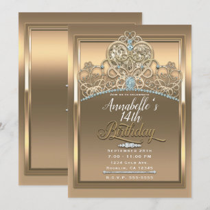 Gold Glam Princess Heart Tiara Birthday Party Invitation
