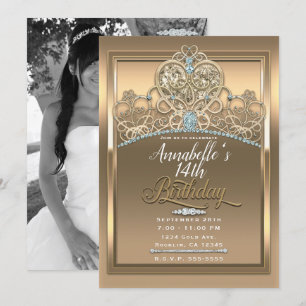 Gold Glam Princess Heart Tiara Birthday Photo Invitation
