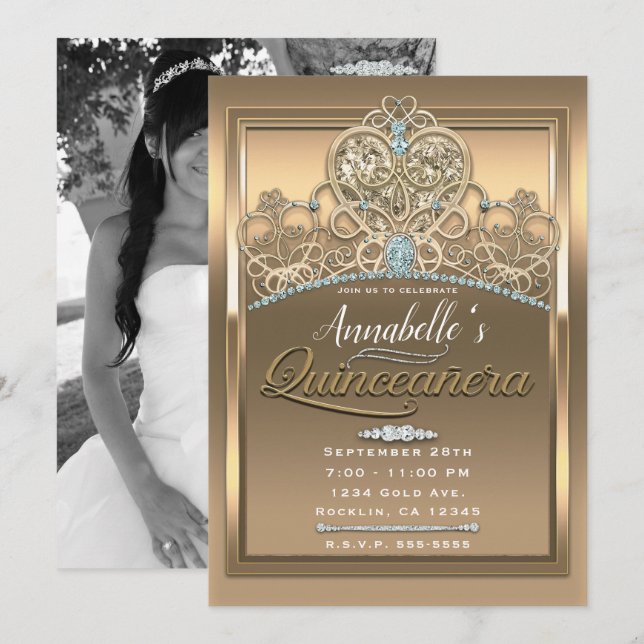 Gold Glam Princess Heart Tiara Quinceañera Photo Invitation (Front/Back)