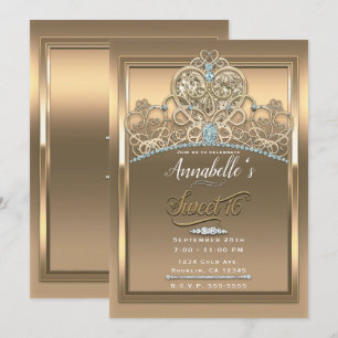 Gold Glam Princess Heart Tiara Sweet 16 Party Invitation