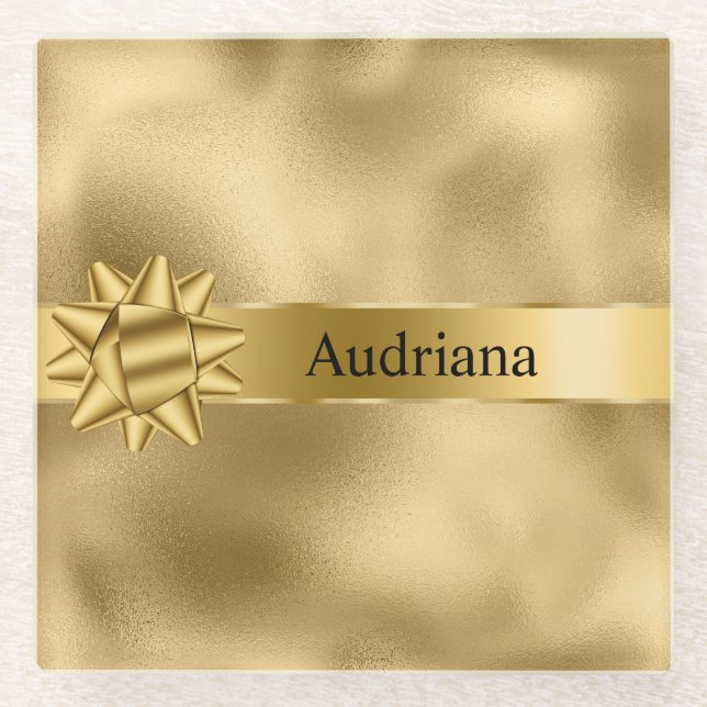 Gold Glam Ribbon and Bow Christmas Glass Coaster (Front)