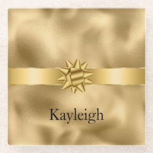 Gold Glam Ribbon and Bow Christmas Glass Coaster
