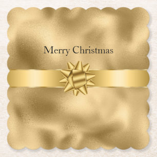 Gold Glam Ribbon and Bow Christmas Paper Coaster
