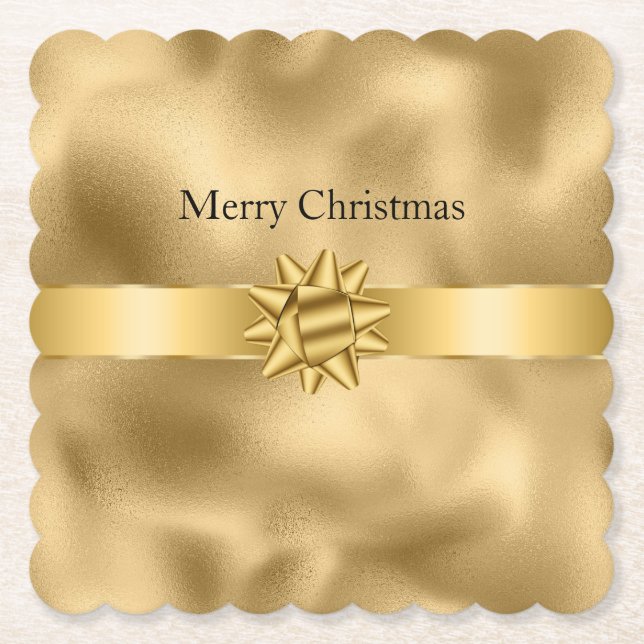 Gold Glam Ribbon and Bow Christmas Paper Coaster (Front)