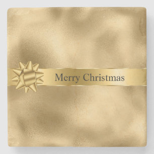 Gold Glam Ribbon and Bow Christmas Stone Coaster