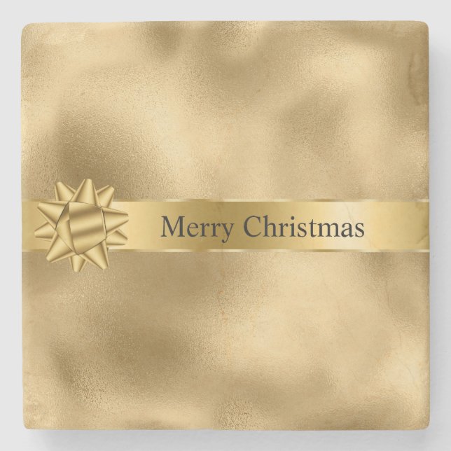 Gold Glam Ribbon and Bow Christmas Stone Coaster (Front)