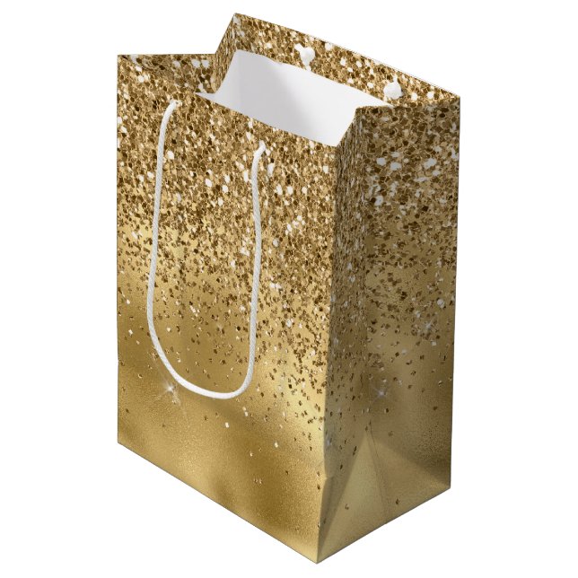 Gold Glam Sparkle Faux Glitter Medium Gift Bag (Front Angled)