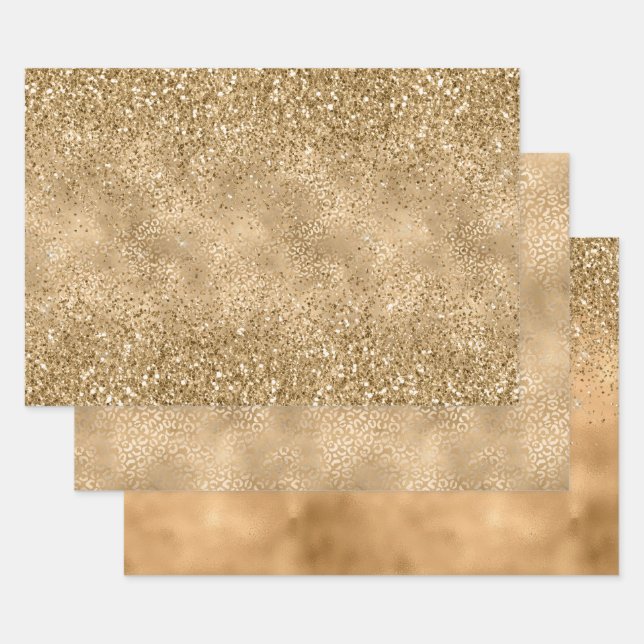 Gold Glam Sparkle Leopard Print Glitter Wrapping Paper Sheet (Set)