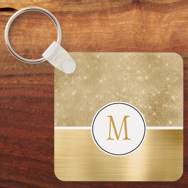 Gold Glam Sparkle Monogram Key Ring (Front)