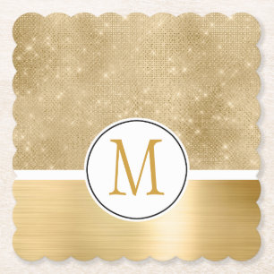 Gold Glam Sparkle Monogram Paper Coaster