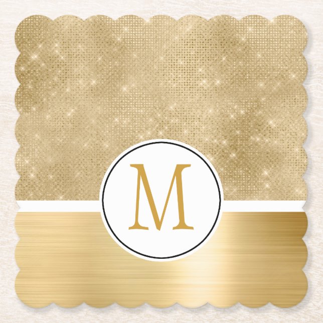 Gold Glam Sparkle Monogram Paper Coaster (Front)