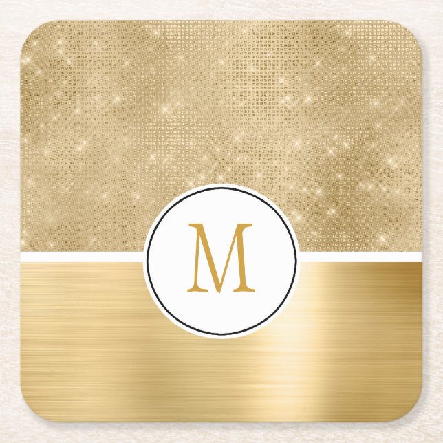 Gold Glam Sparkle Monogram Square Paper Coaster (Front)