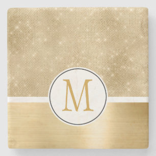 Gold Glam Sparkle Monogram Stone Coaster