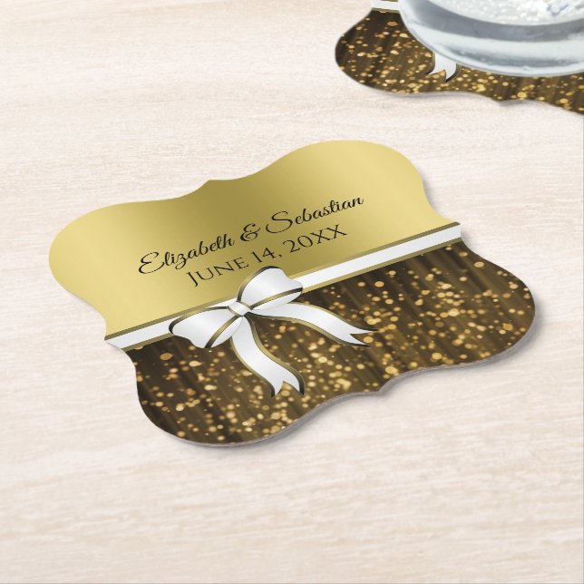 Gold Glam Sparkles & White Ribbon Elegant Wedding Paper Coaster (Angled)