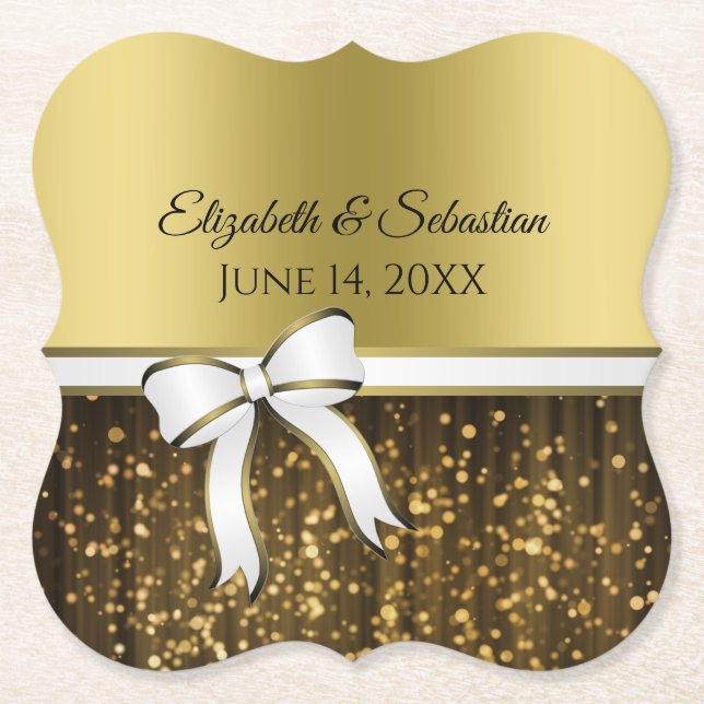 Gold Glam Sparkles & White Ribbon Elegant Wedding Paper Coaster (Front)