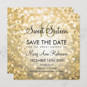 Gold Glam Sweet 16 Sixteen Glitter Lights Invitation