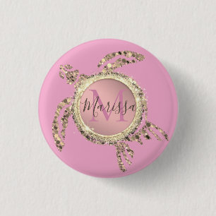 Gold Glam Turtle Monogram 3 Cm Round Badge