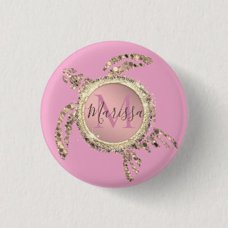Gold Glam Turtle Monogram 3 Cm Round Badge