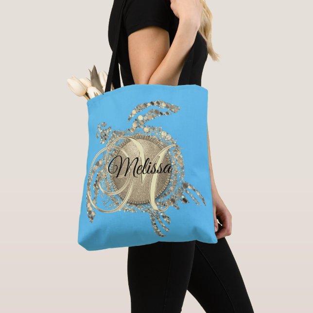 Gold Glam Turtle Monogram Tote Bag (Close Up)